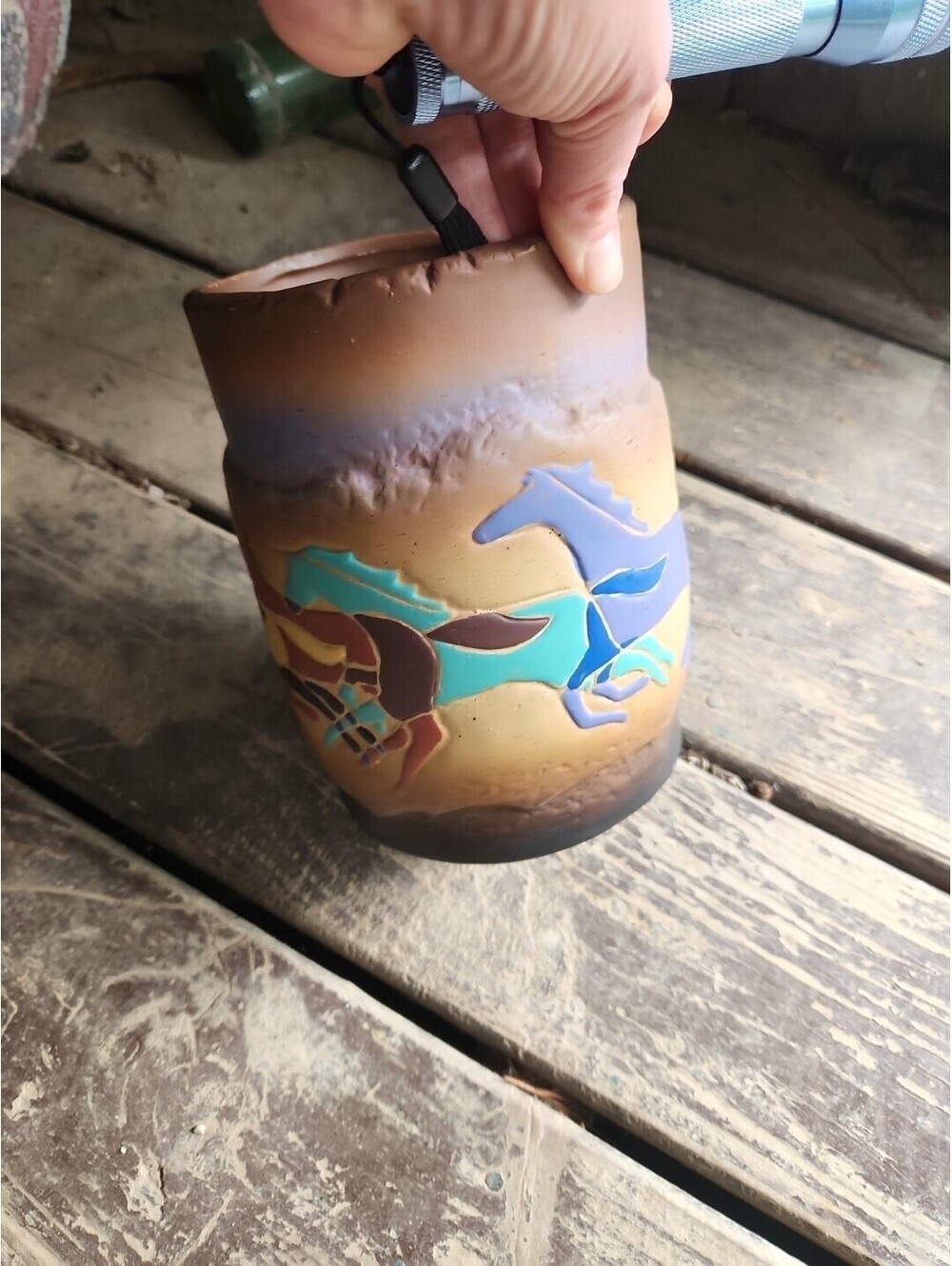 Vtg 7” Ceramic Multicolored Wild Horses Running Vase / Crock Southwest Plains!.